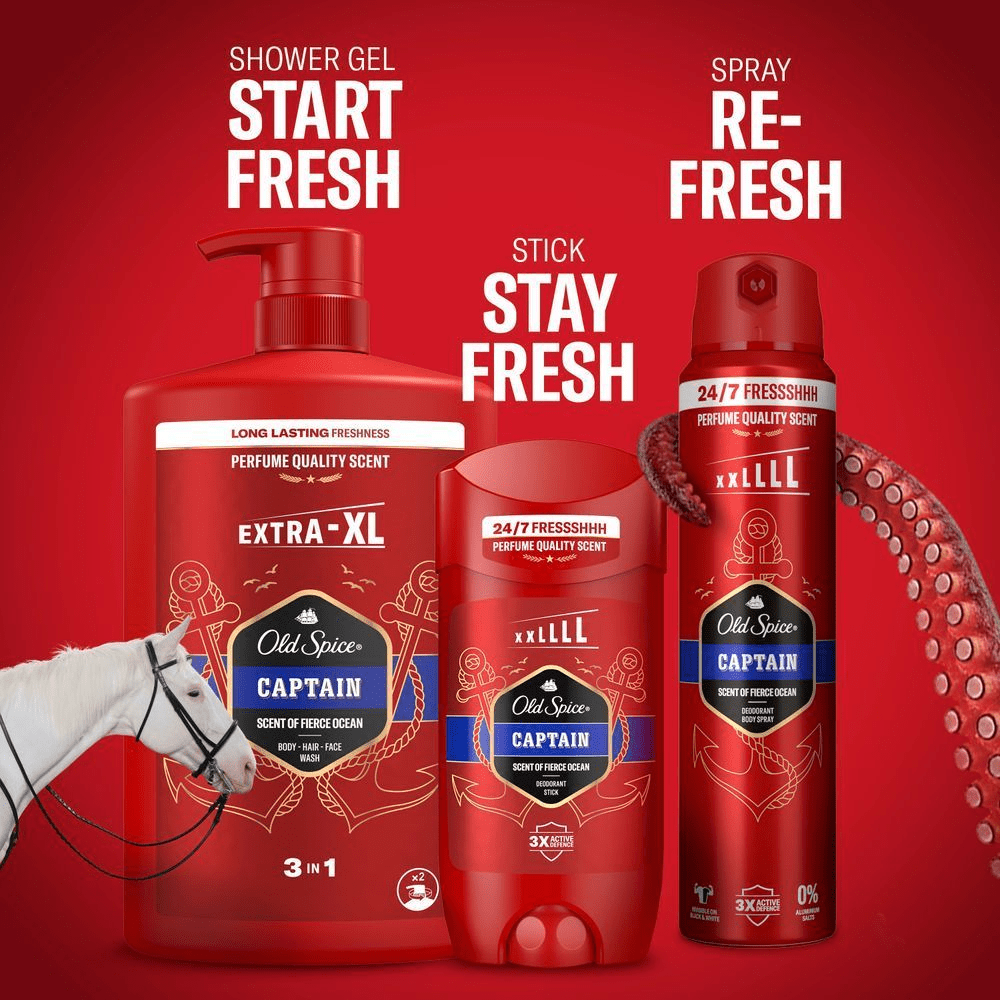 Old Spice Captain Duschgel, Deodorant-Stick und Deodorant-Spray für einen frischen Start, den ganzen Tag und eine erneute Erfrischung.