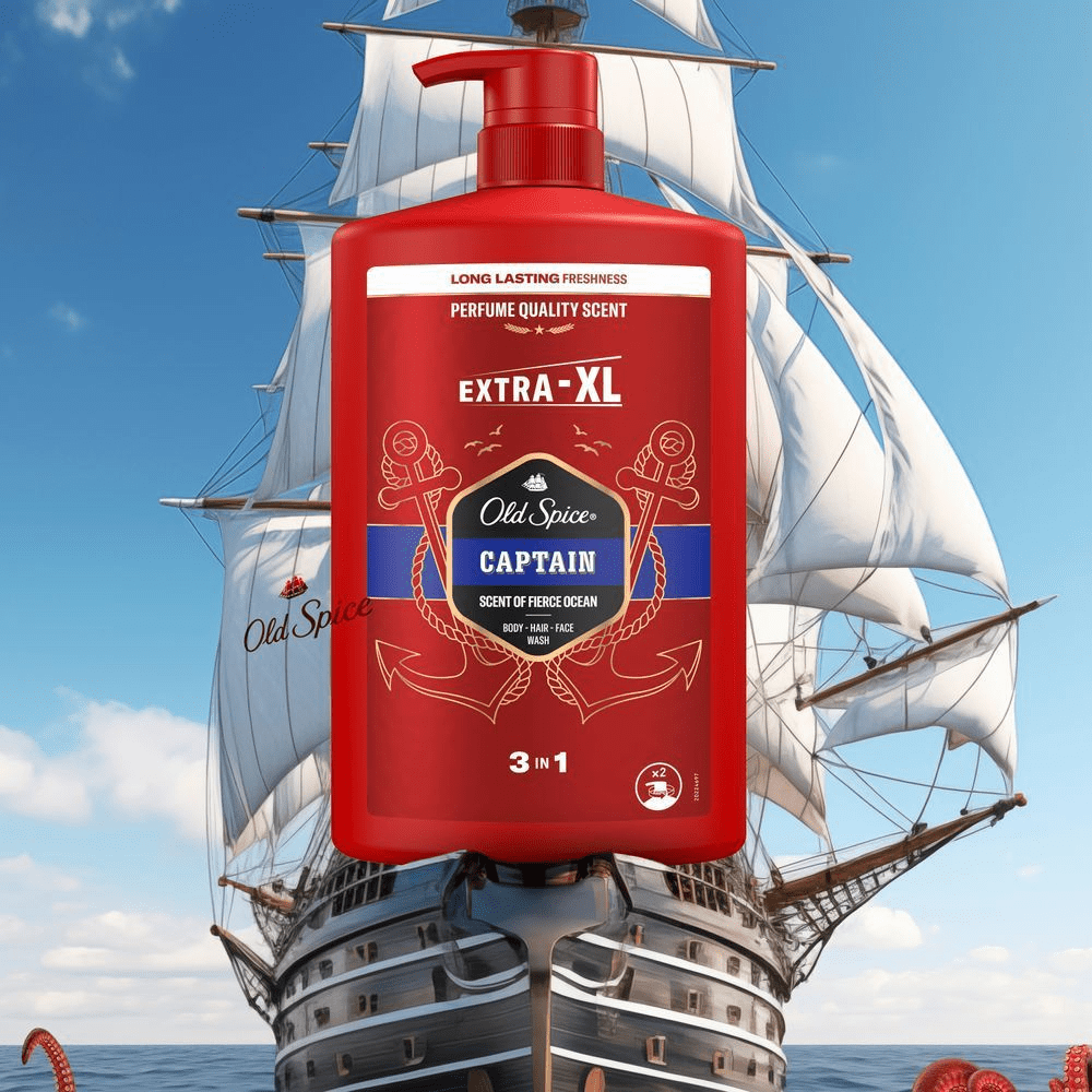 Old Spice Captain Duschgel vor einem Segelschiff, das den Duft der weiten Ozeane und langanhaltende Frische verspricht. [ES] Frescura duradera con el gel de ducha Old Spice Captain Extra-XL, con aroma de calidad de perfume. [PT] Fragrância Old Spice Captain evoca a sensação de aventura e frescor duradouro em alto mar, com um aroma de oceano feroz.;