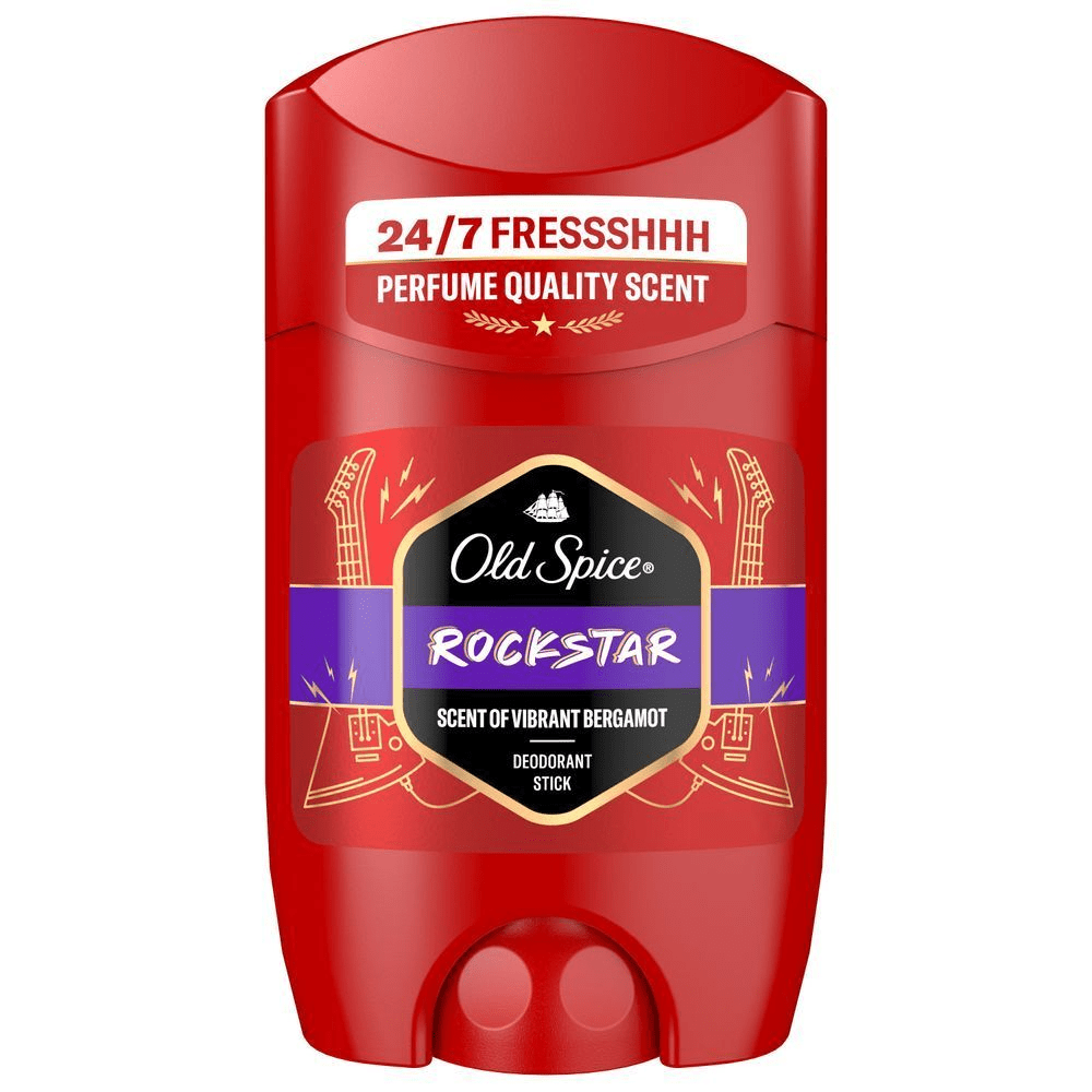 Old Spice Rockstar Deodorant Stick mit dem Aufdruck "24/7 FRESSSHHH PERFUME QUALITY SCENT". [ES] Old Spice Rockstar desodorante en barra, con etiqueta que destaca fragancia de calidad de perfume y protección 24/7. [PT] Old Spice Desodorizante Stick  Rockstar , embalagem vermelha destacando fragrância de qualidade de perfume e proteção 24/7 "Fressshhh".;