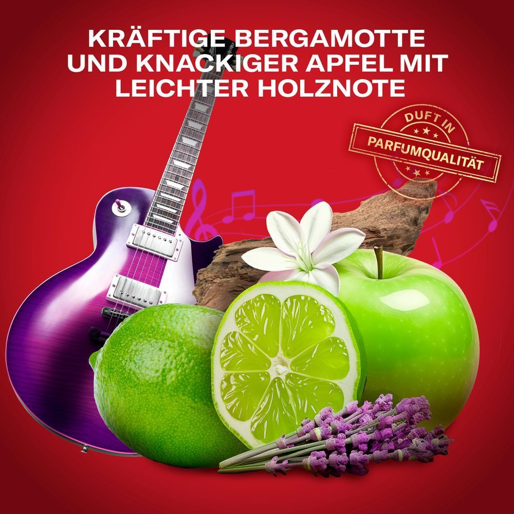 Old Spice Duftkomposition mit kraftvoller Bergamotte, knackigem Apfel und leichter Holznote, dargestellt mit Gitarre, Limetten, Apfel und Lavendel.