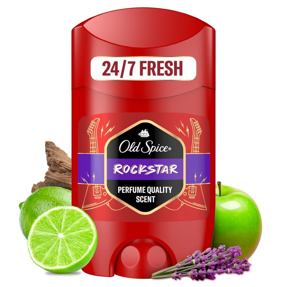 Old Spice Rockstar Deodorant Stick, hervorgehoben mit dem Versprechen eines Duftes in Parfümqualität. [ES] Desodorante Old Spice Rockstar en barra, resaltando la promesa de "24/7 Fresh" (frescura 24/7) y aroma con calidad de perfume. [PT] Old Spice Desodorizante stick Rockstar em embalagem vermelha, destacando a promessa de frescor 24/7 e fragrância com qualidade de perfume.;