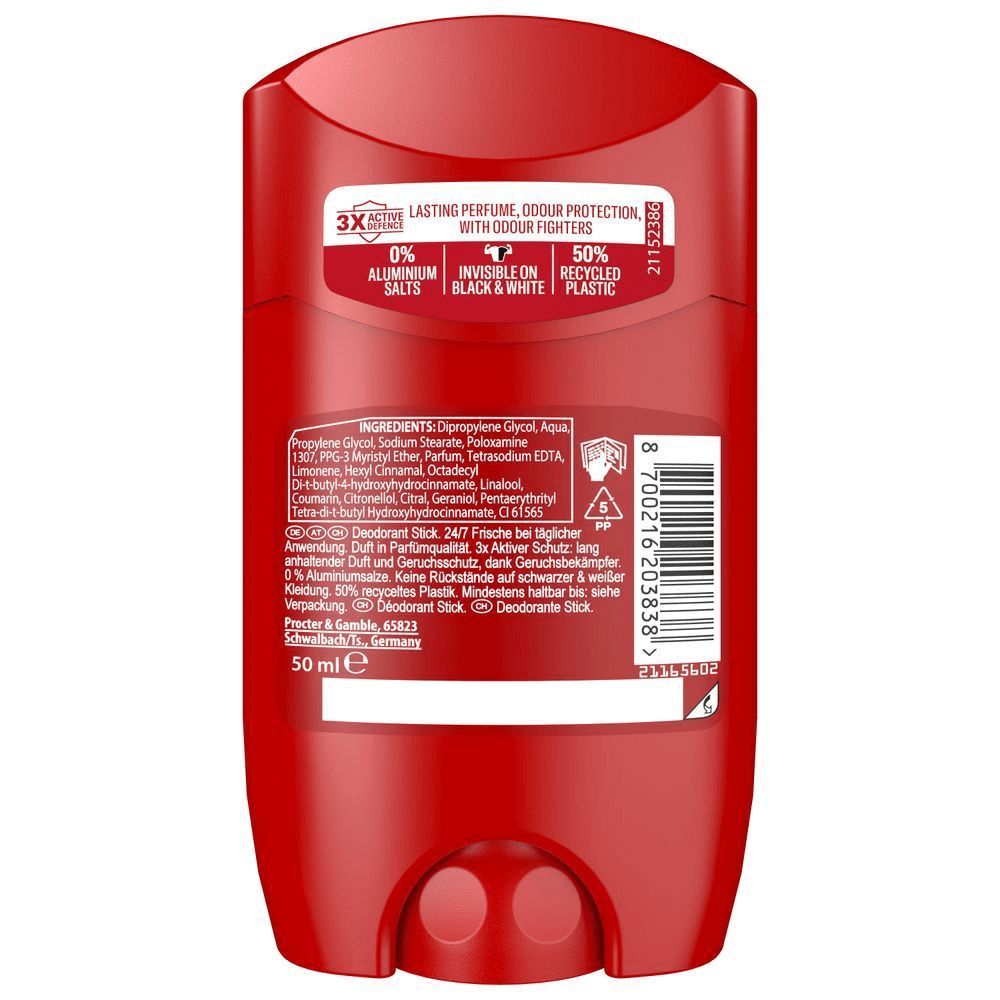 Old Spice Deodorant Stick, Rückseite der Verpackung, mit dem Hinweis "0% Aluminiumsalze" und "Unsichtbar auf Schwarz & Weiß".
