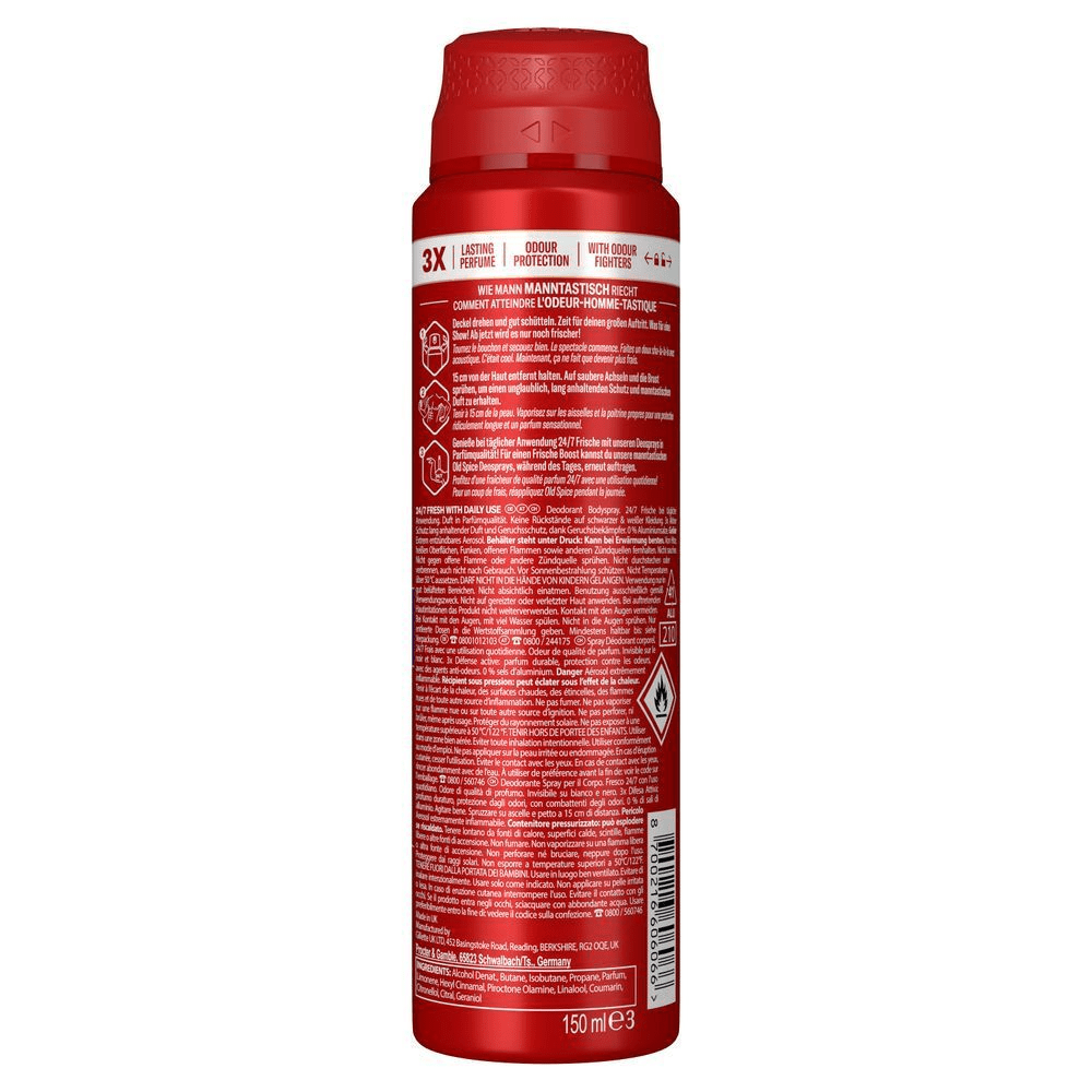 Old Spice Deodorant Bodyspray-Verpackung mit dem Hinweis auf 3-fach Wirkung: Langanhaltender Duft, Schutz und Geruchsbekämpfung.
