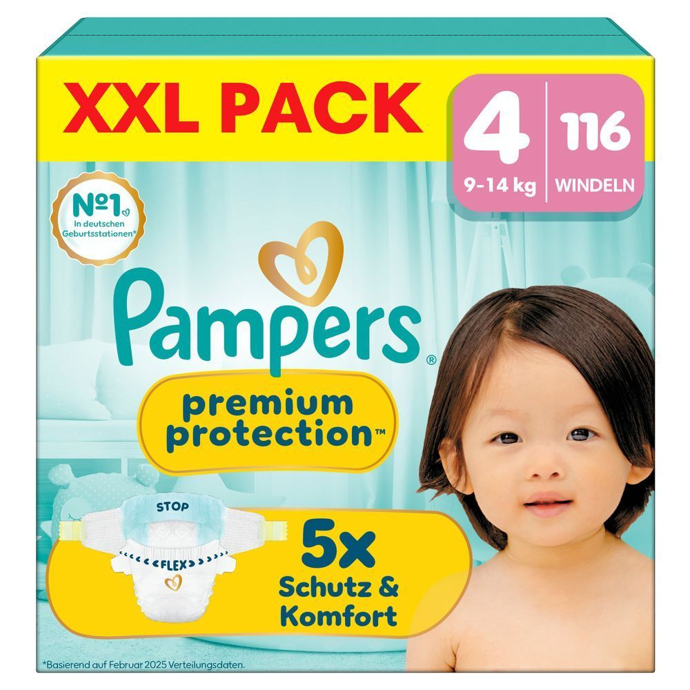 Pampers Premium Protection XXL Pack, Größe 4, 116 Windeln, mit 5x Schutz & Komfort.