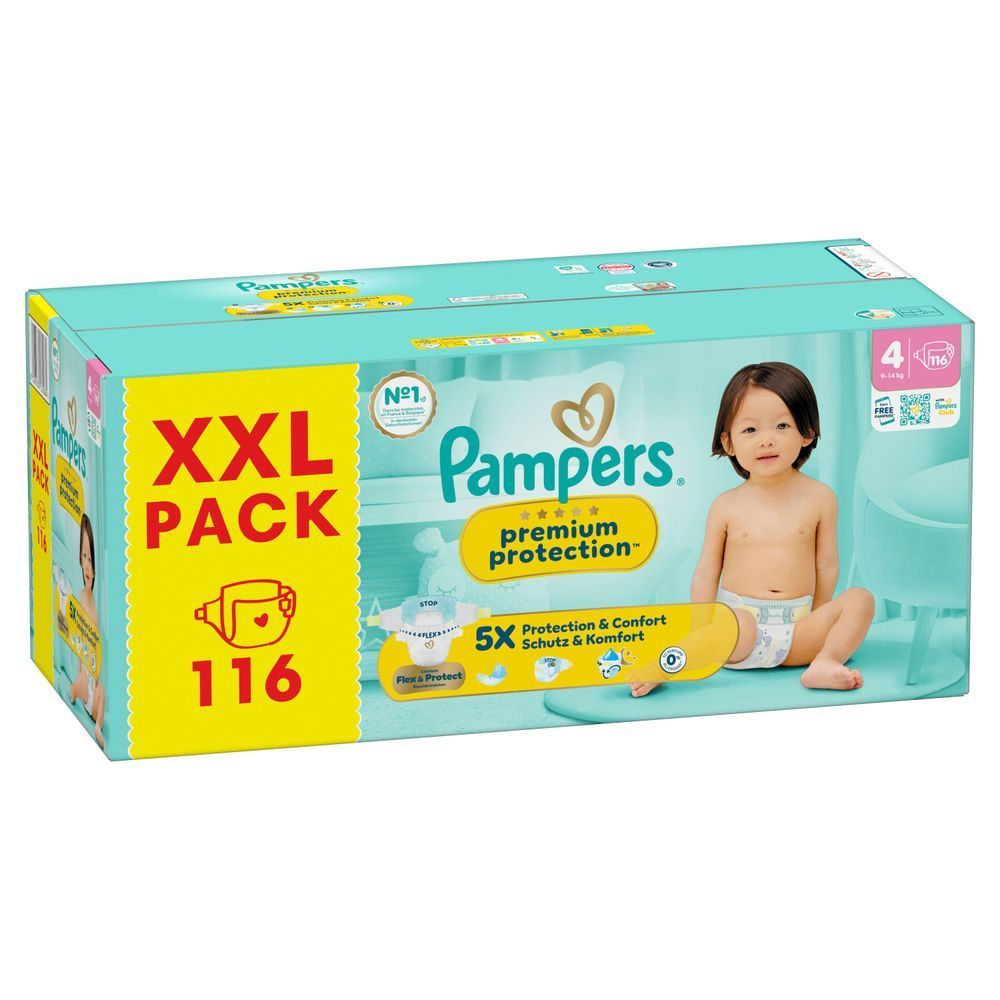 Pampers Premium Protection Windeln im XXL Pack, Größe 4, 116 Stück. Mit dem Aufdruck "5X Schutz & Komfort".;
