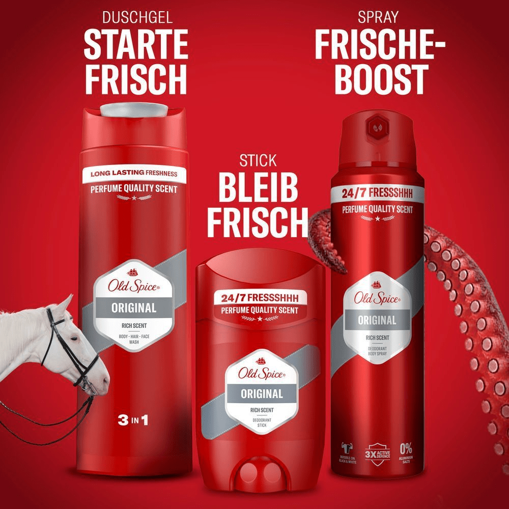 Old Spice Duschgel, Deodorant Stick und Spray versprechen langanhaltende Frische und einen Duft in Parfümqualität.