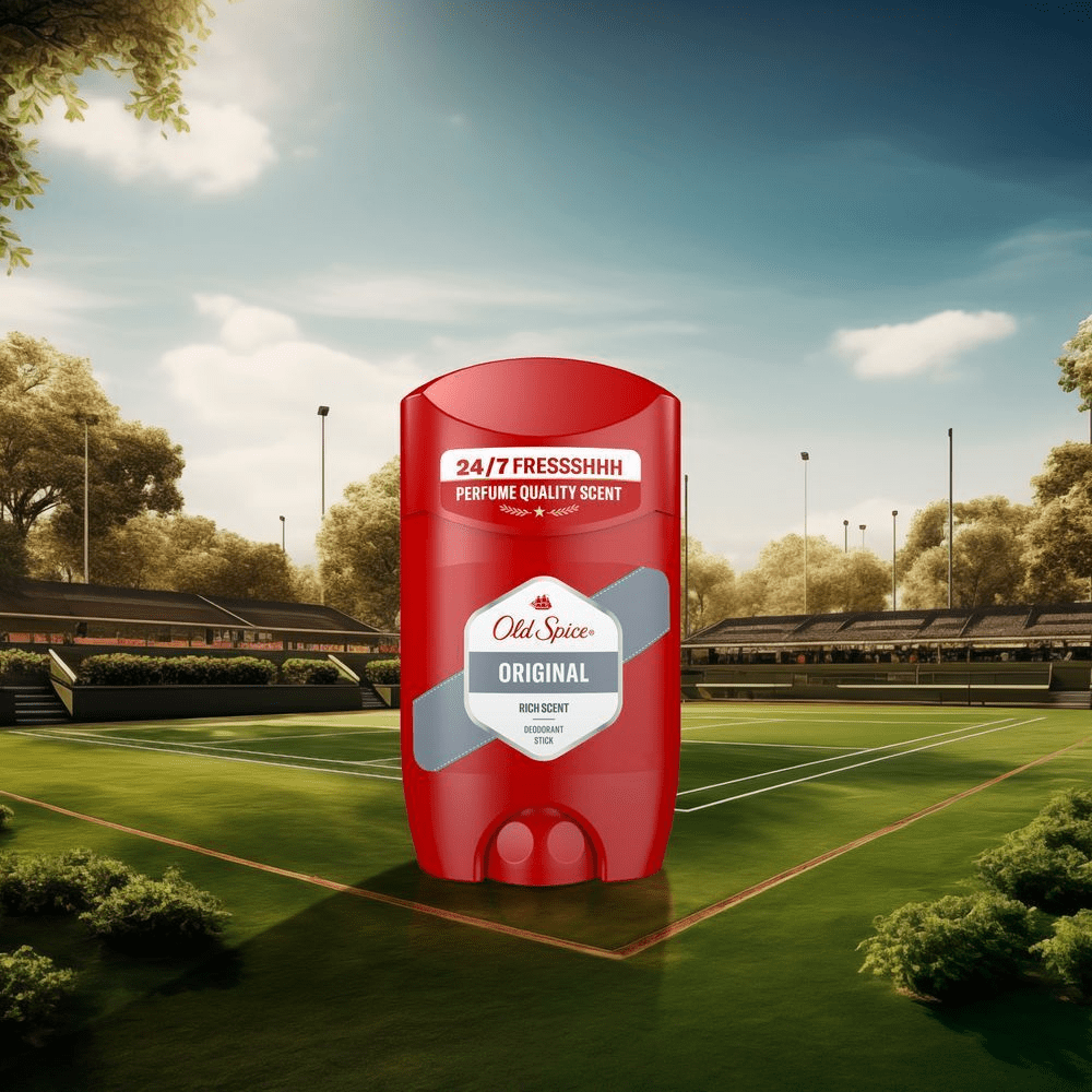 Old Spice Original Deodorant Stick fÃ¼r 24-7 Frische mit Duft in ParfÃ¼mqualitÃ¤t auf einem Tennisplatz. [EN] Old Spice Original deodorant stick, highlighting 24-7 FRESSSHHH PERFUME QUALITY SCENT for continuous freshness. [ES] Desodorante Old Spice Original en un campo de tenis, resaltando su fragancia de calidad de perfume y frescura 24-7.