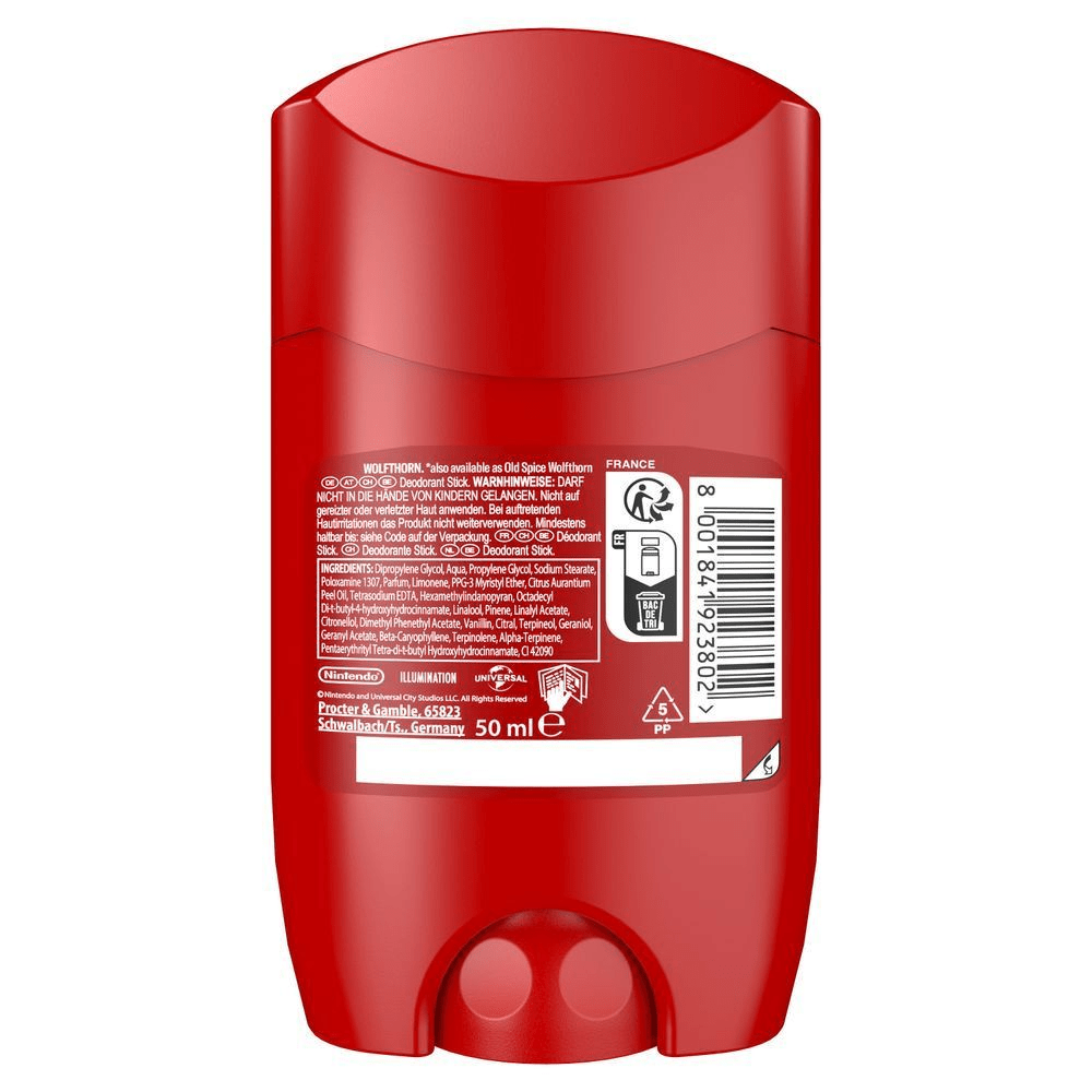 Old Spice Wolfthorn Deodorant Stick, mit dem Hinweis auch als Old Spice Wolfthorn erhältlich.