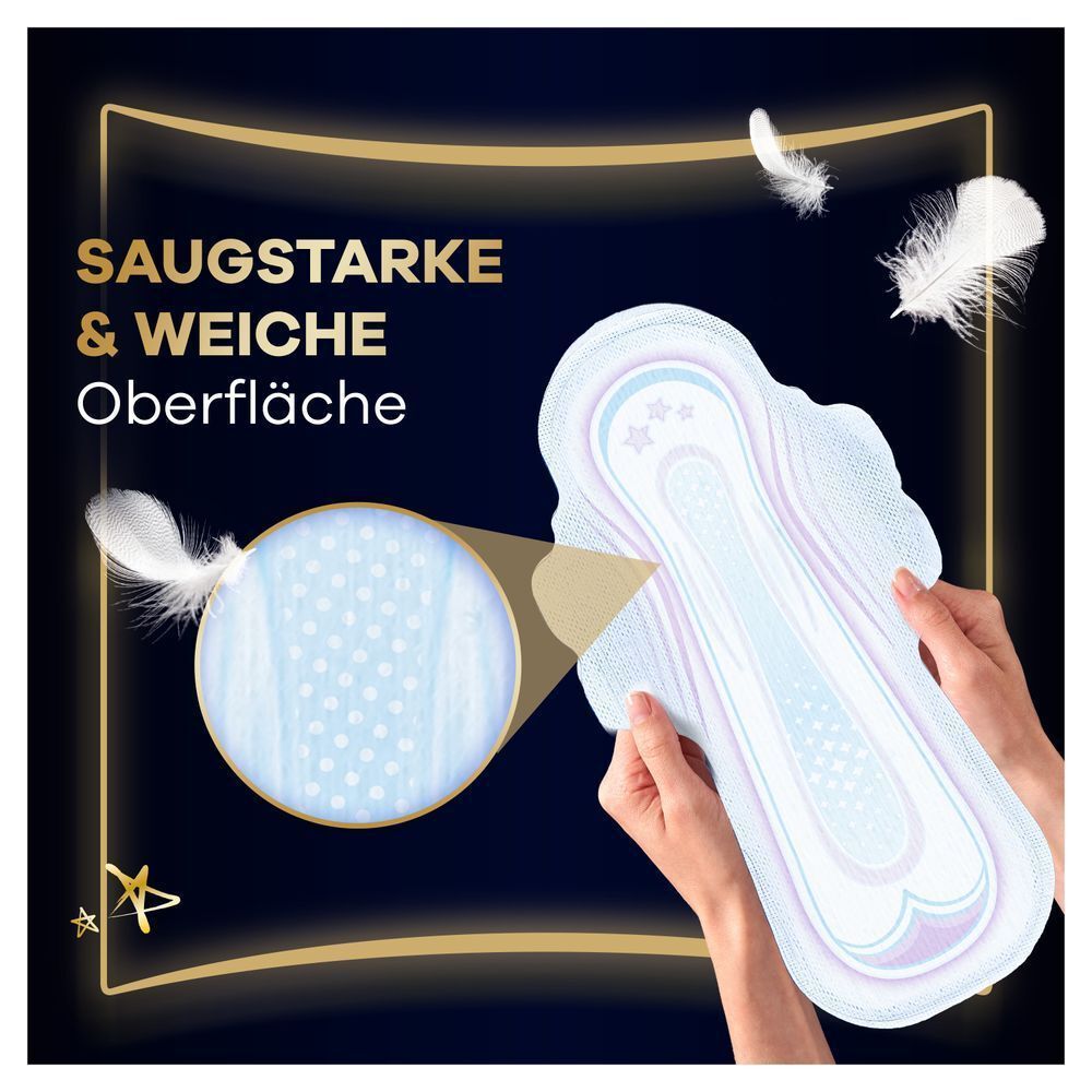 Always Binden werden von Händen gehalten, wobei eine Vergrößerung die saugstarke und weiche Oberfläche hervorhebt.