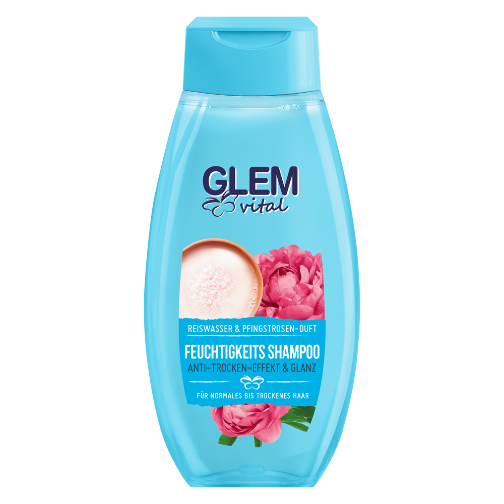 Bild: GlemVital Feuchtigkeits Shampoo Reiswasser & Pfingstrosen Duft