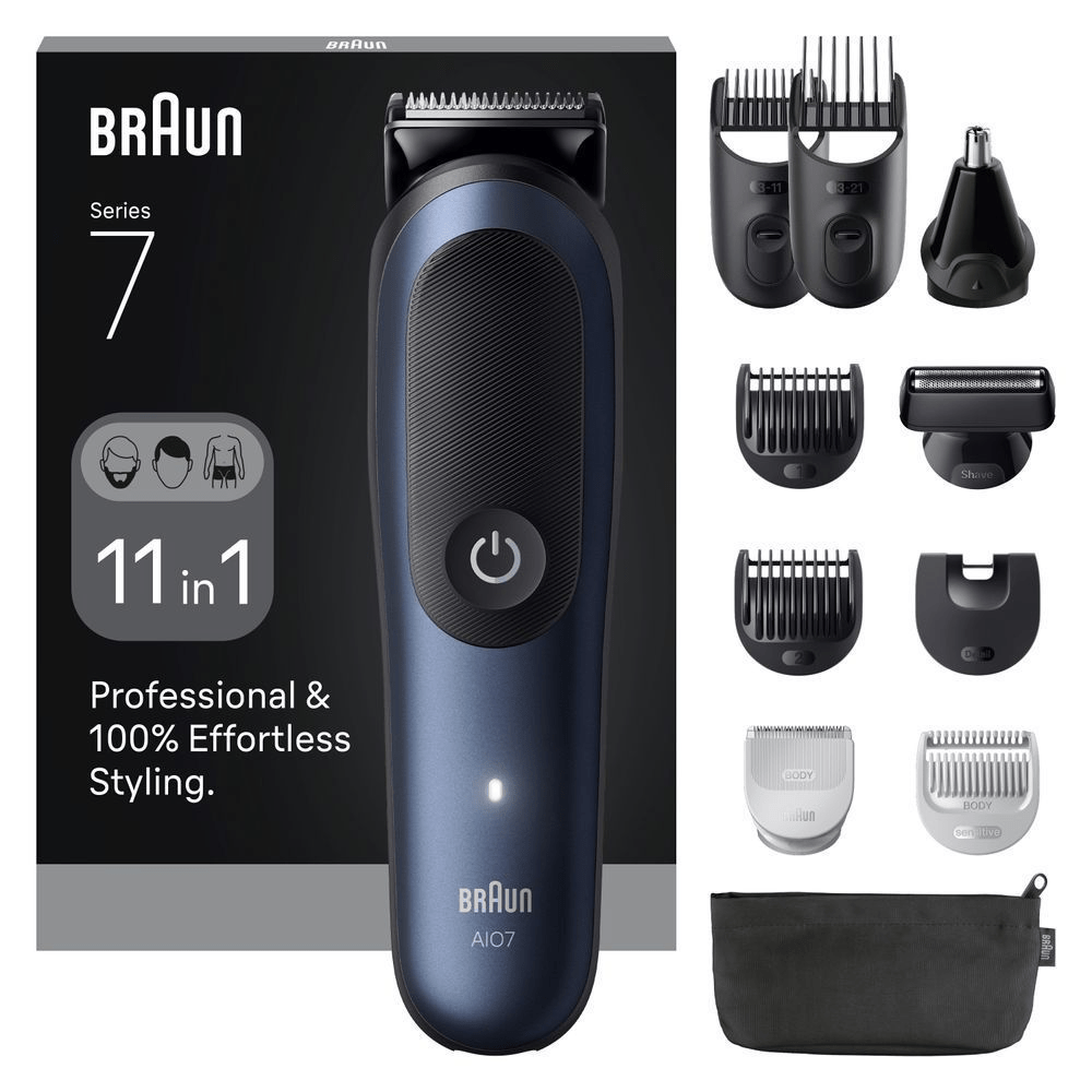 Braun All-in-One Series 7, gezeigt mit Verpackung und 11 Aufsätzen für professionelles und müheloses Styling. [EN] Braun Series 7 All-in-One Trimmer shown with its packaging, highlighting the "11 in 1" styling capabilities. [DA] Braun Series 7 trimmer vist med emballage og 11-i-1 tilbehør til professionel og 100% ubesværet styling. [RO] Braun Series 7 AI07, prezentat cu cutia de vânzare și 11 accesorii pentru coafare profesională și fără efort. [SV] Braun Series 7 trimmer med förpackning, som framhäver "11 i 1" funktionen och tillbehör för professionell och enkel styling. [IT] Braun Series 7 AI07 mostrato con la confezione e gli 11 accessori per uno styling professionale e senza sforzo. [CS] Braun Series 7 zastřihovač vousů v balení, zdůrazňující 11 nástavců pro profesionální a 100% snadný styling. [HU] Braun Series 7 szakállvágó a dobozával és a 11 az 1-ben tartozékkészletével látható. [SK] Braun Series 7 zastrihávač s obalom a 11 nástavcami pre profesionálny a 100% jednoduchý styling. [FI] Braun Series 7 -trimmeri pakkauksessaan, jossa korostetaan 11-in-1 ominaisuutta ja ammattimaista sekä vaivatonta muotoilua. [NO] Braun Series 7 multiverktøy vist med emballasjen og 11-i-1 stylingmuligheter. [ES] Braun Series 7, destacando la caja y los 11 accesorios incluidos para un estilizado profesional y sin esfuerzo. [PT] Braun Series 7, embalagem destacando "11 em 1" e mostrando o aparador com seus diversos acessórios de modelagem.;