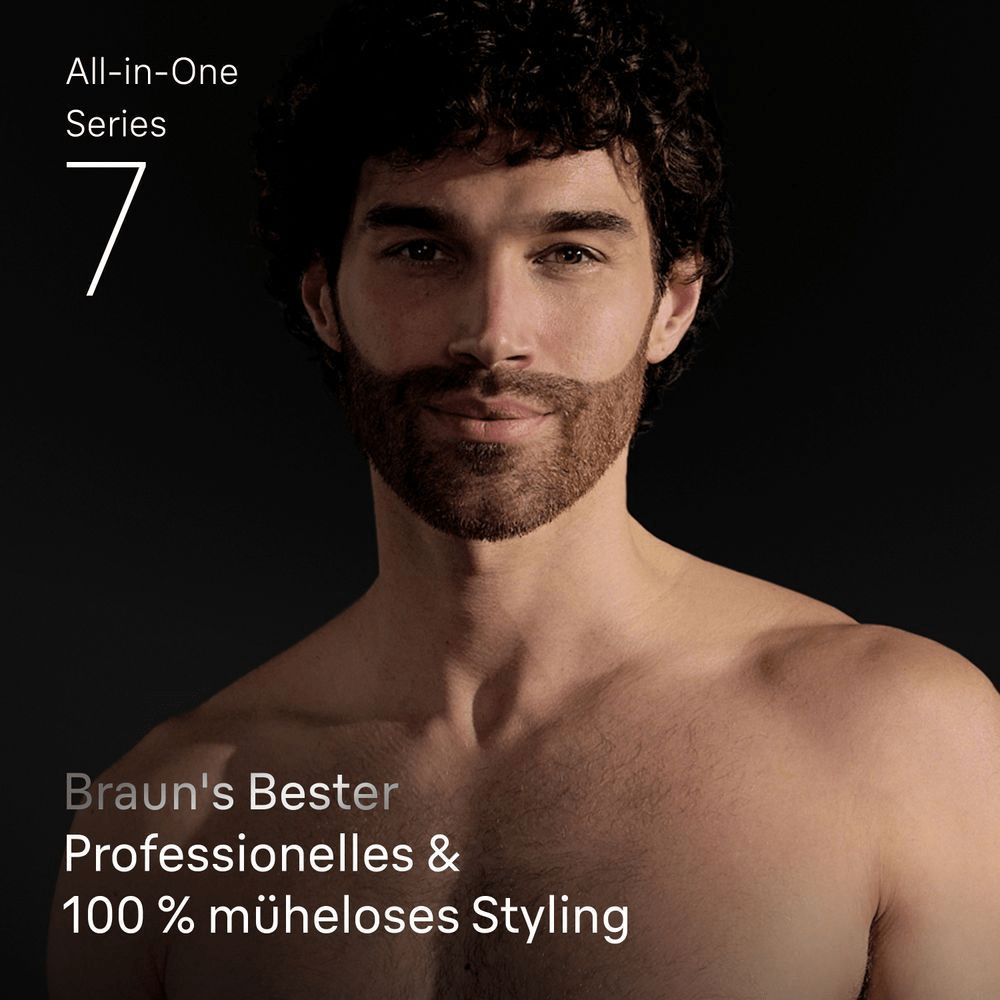 Mann mit gestyltem Bart, der das professionelle und mühelose Styling der Braun All-in-One Series 7 demonstriert.
