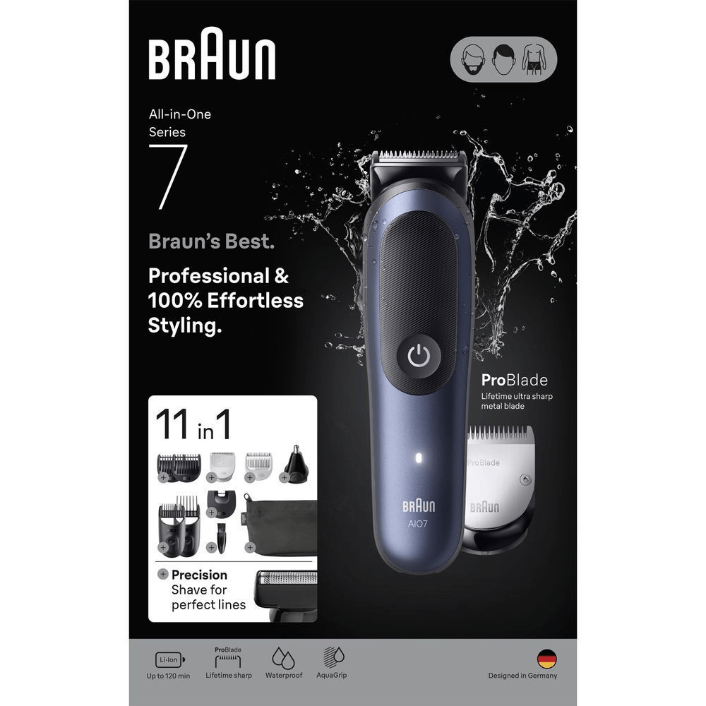 Braun All-in-One Series 7 Trimmer, hervorgehoben mit dem "11 in 1" Zubehörset für professionelles und müheloses Styling. [EN] Braun All-in-One Series 7 trimmer with its ProBlade, which is a lifetime ultra sharp metal blade. [DA] Braun All-in-One Series 7 trimmer, fremhævet med 11-i-1 tilbehør til præcis barbering og styling. [SV] Braun All-in-One Series 7 trimmer, förpackningen framhäver "11 i 1" och precisionstrimning för perfekta linjer. [IT] Braun Series 7 All-in-One trimmer AI07, confezione che evidenzia 11 accessori inclusi per uno styling completo. [FI] Braun All-in-One Series 7 -trimmeri ja sen pakkaus, jossa korostetaan 11-in-1 -ominaisuutta ja tarkkaa ajoa täydellisiä linjoja varten. [NO] Braun All-in-One Series 7 trimmer vist med 11-i-1 tilbehør for presisjonsskjæring og ProBlade med livstidsvarig ultra skarpt metallblad. [ES] Braun Series 7 All-in-One, destacando sus 11 accesorios y la cuchilla ProBlade de metal ultra afilada de larga duración. [PT] Braun Series 7 All-in-One, destacando o sistema 11 em 1 com acessórios para barbear de precisão para linhas perfeitas.;