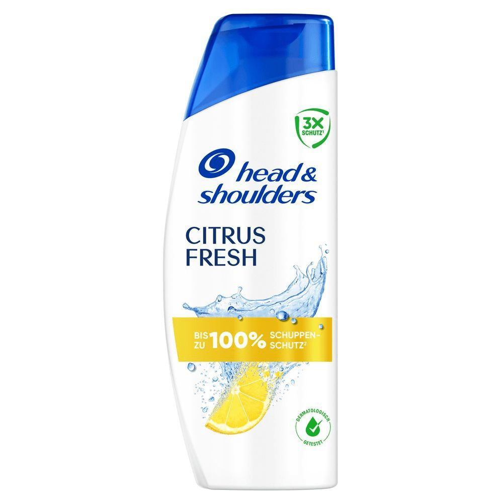 Head & Shoulders Citrus Fresh Anti-Schuppen Shampoo Flasche, die bis zu 100% Schuppen-Schutz bewirbt.