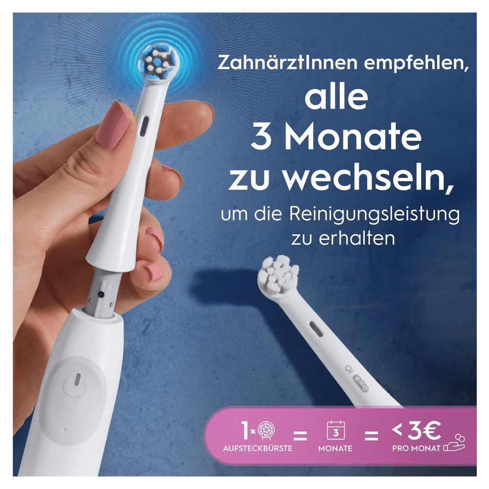 Oral-B: Zahnärzte empfehlen, die Aufsteckbürste alle 3 Monate zu wechseln, um die Reinigungsleistung zu erhalten.