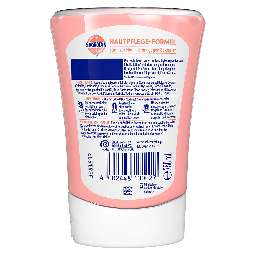 Bild: SAGROTAN Hygiene Seife Nachfüller Rose und Shea Duft 