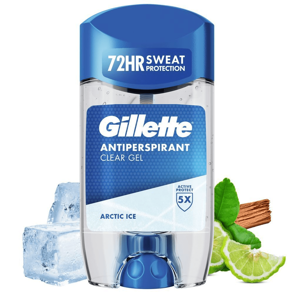 Gillette Antiperspirant Clear Gel mit der Aufschrift 72 Stunden Schweißschutz auf der Verpackung. [EN] Gillette Antiperspirant Clear Gel, Arctic Ice, boasting 72-hour sweat protection. [HR] Gillette Antiperspirant Clear Gel Arctic Ice, 72-satna zaštita od znojenja. [CS] Gillette Antiperspirant Clear Gel, 72h ochrana proti potu. [HU] Gillette Antiperspirant Clear Gel 72 órás izzadásgátló védelemmel. [SK] Gillette Antiperspirant Clear Gel s 72-hodinovou ochranou proti potu. [SL] Gillette Antiperspirant Clear Gel z 72-urno zaščito proti potenju. [ES] Gillette Antiperspirant Clear Gel Arctic Ice, destacando la protección contra el sudor 72 horas. [PT] Gillette Artic Ice Antitranspirante em Stick de Gel Transparente, destaque na embalagem para 72 horas de proteção contra o suor e Proteção 5X Mais Ativa