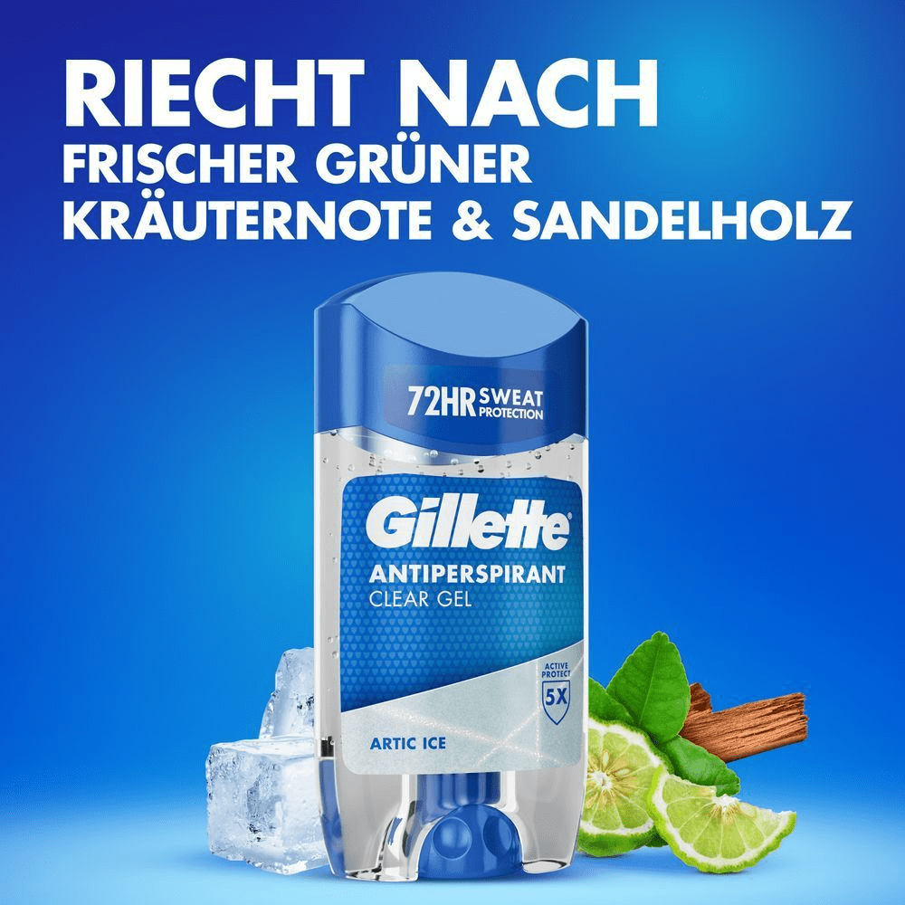 Gillette Antiperspirant Clear Gel, duftend nach frischer Kräuternote & Sandelholz.