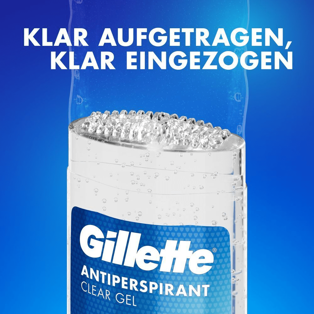 Gillette Antiperspirant Clear Gel, beworben als Klar aufgetragen, klar eingezogen.