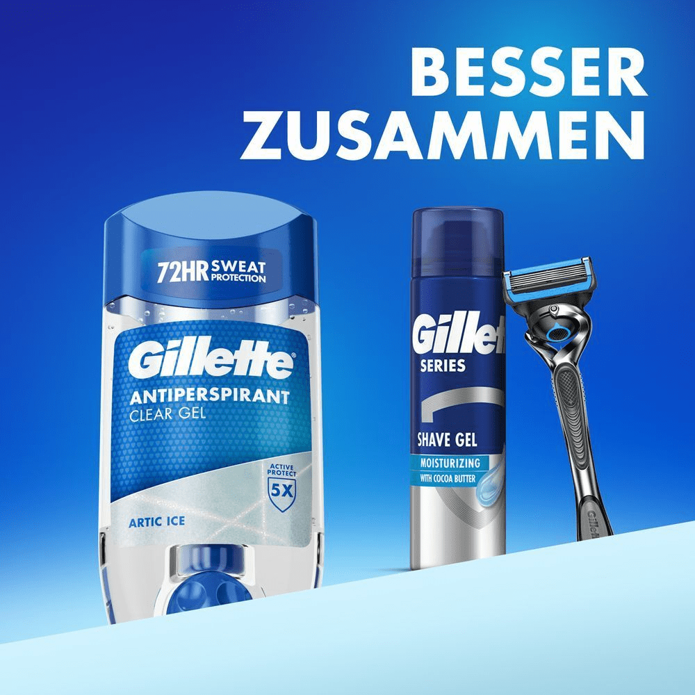 Gillette Antiperspirant, Rasiergel & Rasierer im Set, beworben mit BESSER ZUSAMMEN.