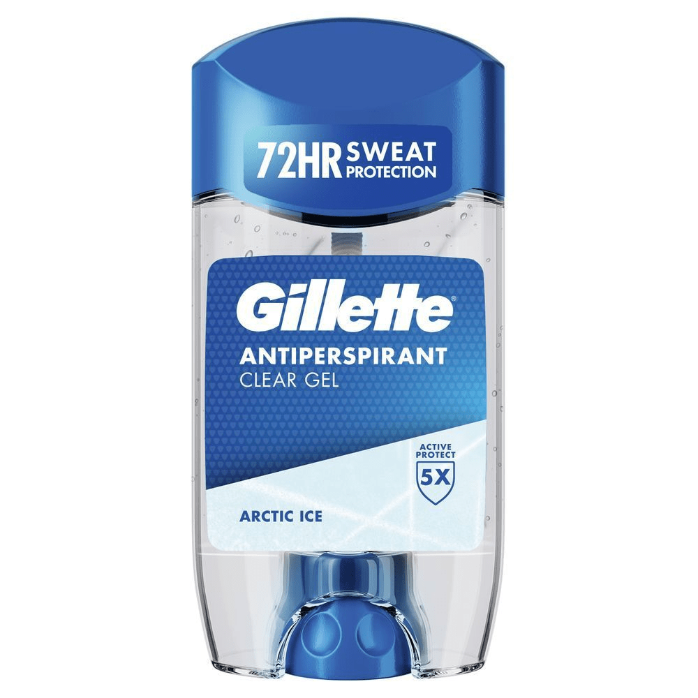Gillette Antiperspirant Clear Gel, Arctic Ice, mit dem hervorgehobenen Anspruch auf 72 Stunden Schweißschutz. [EN] Gillette Antiperspirant Clear Gel showing the claim of 72 hour sweat protection. [HR] Gillette Antiperspirant Clear Gel Arctic Ice, 72-satna zaštita od znojenja. [CS] Gillette Antiperspirant Clear Gel Arctic Ice s 72hodinovou ochranou proti potu. [HU] Gillette izzadásgátló átlátszó gél, 72 órás izzadásvédelemmel. [SK] Gillette Antiperspirant Clear Gel Arctic Ice, 72-hodinová ochrana proti potu. [SL] Gillette Antiperspirant Clear Gel Arctic Ice, 72-urna zaščita pred znojenjem. [ES] Desodorante antitranspirante en gel transparente Gillette Arctic Ice con protección contra el sudor 72 horas. [PT] Gillette Artic Ice Antitranspirante em Stick de Gel Transparente, destaque na embalagem para 72 horas de proteção contra o suor e Proteção 5X Mais Ativa