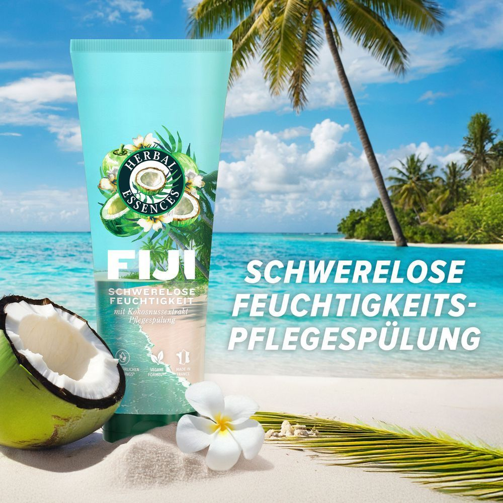 Herbal Essences Fiji Pflegespülung, schwerelose Feuchtigkeit mit Kokosnussextrakt.