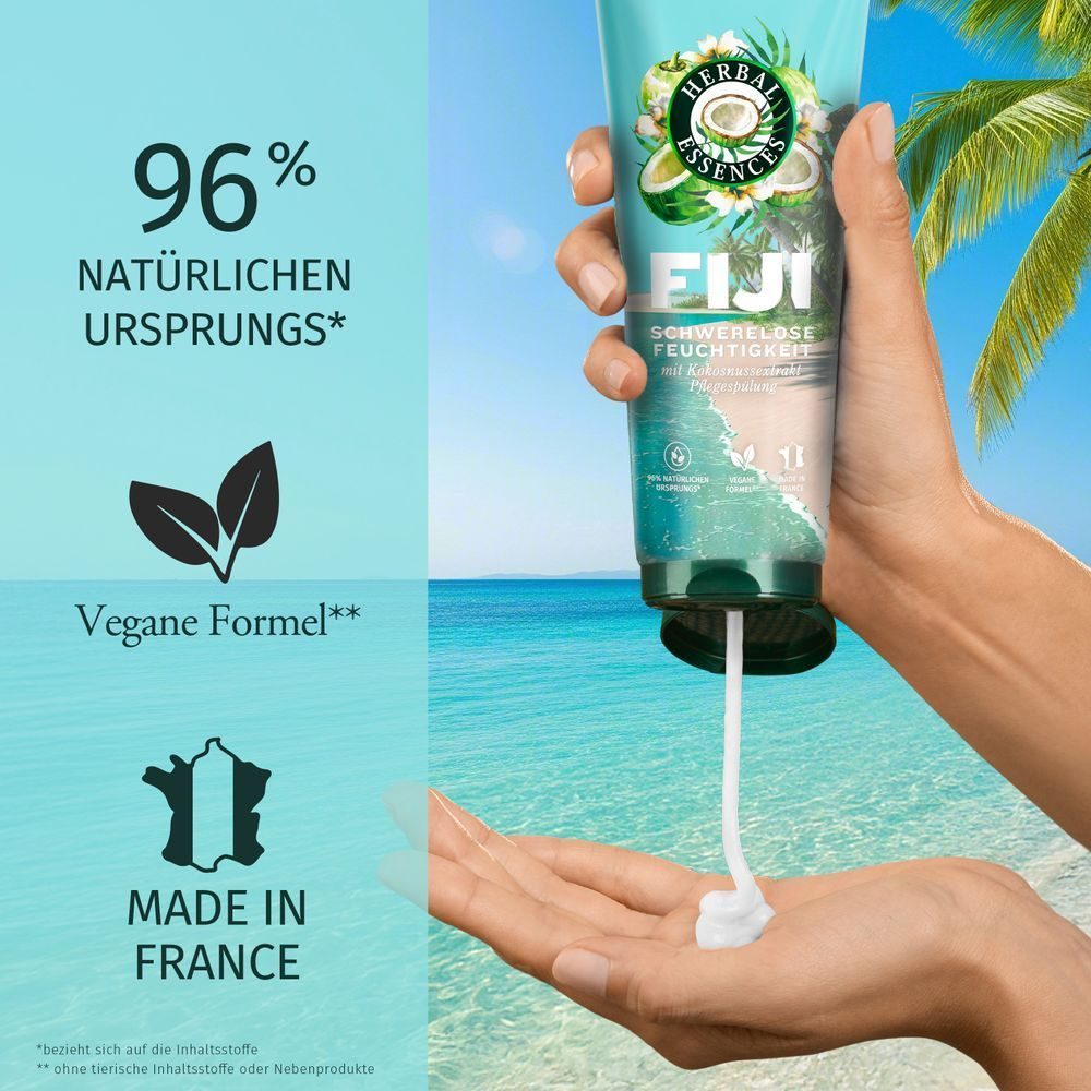 Herbal Essences Fiji Pflegespülung mit Kokosnussextrakt für schwerelose Feuchtigkeit.
