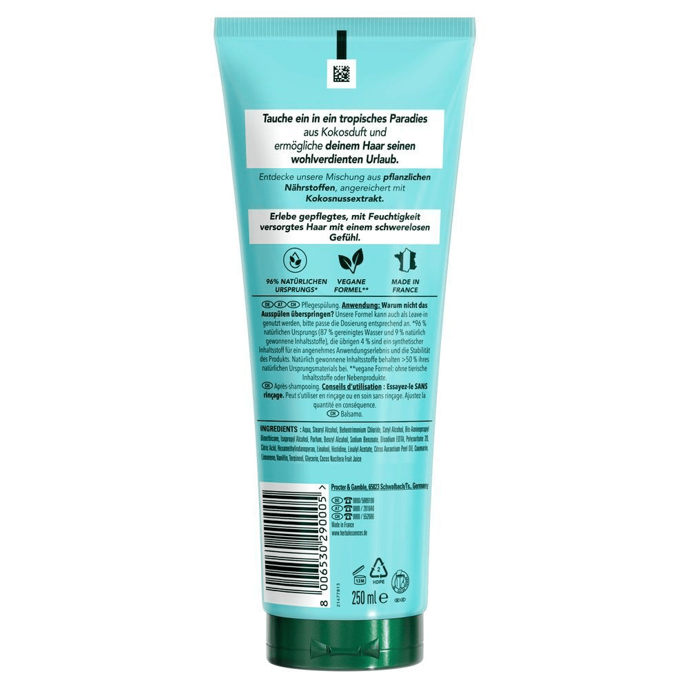Herbal Essences Pflegespülung, vegan, mit Kokosnussextrakt für feuchtigkeitsversorgtes Haar.