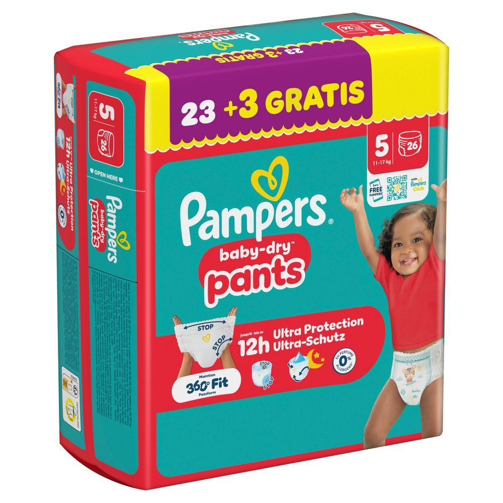 Pampers baby-dry pants GroÃpackung, GröÃe 5, mit 23+3 gratis Windeln und 12h Ultra-Schutz.