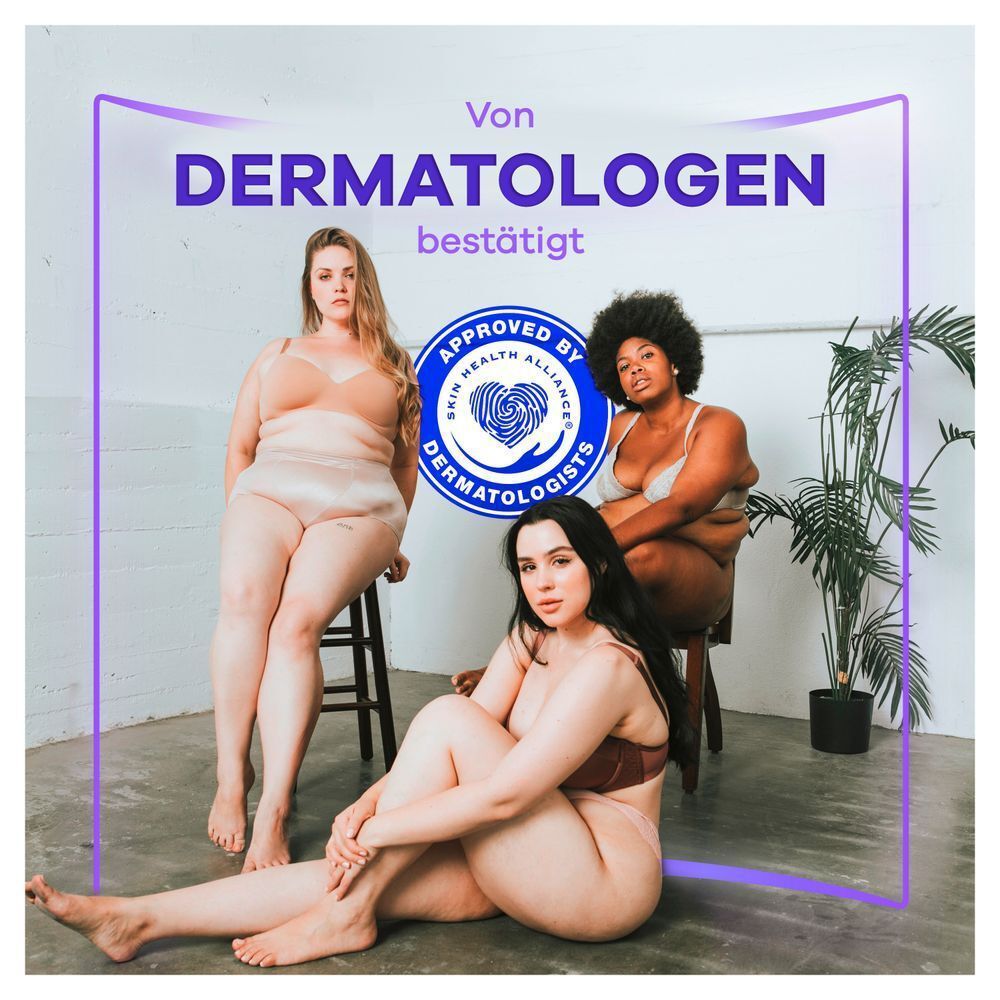Dermatologisch bestÃ¤tigte Always Produkte, dargestellt durch drei diverse Models, die Selbstvertrauen und Hautgesundheit ausstrahlen.