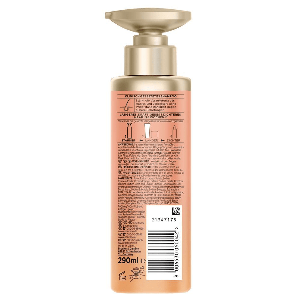 Pantene Pro-V Grow Abundant Anti-Haarverlust Shampoo, das den Halt der Haarwurzel an der Kopfhaut stärkt, klinisch bewiesen.