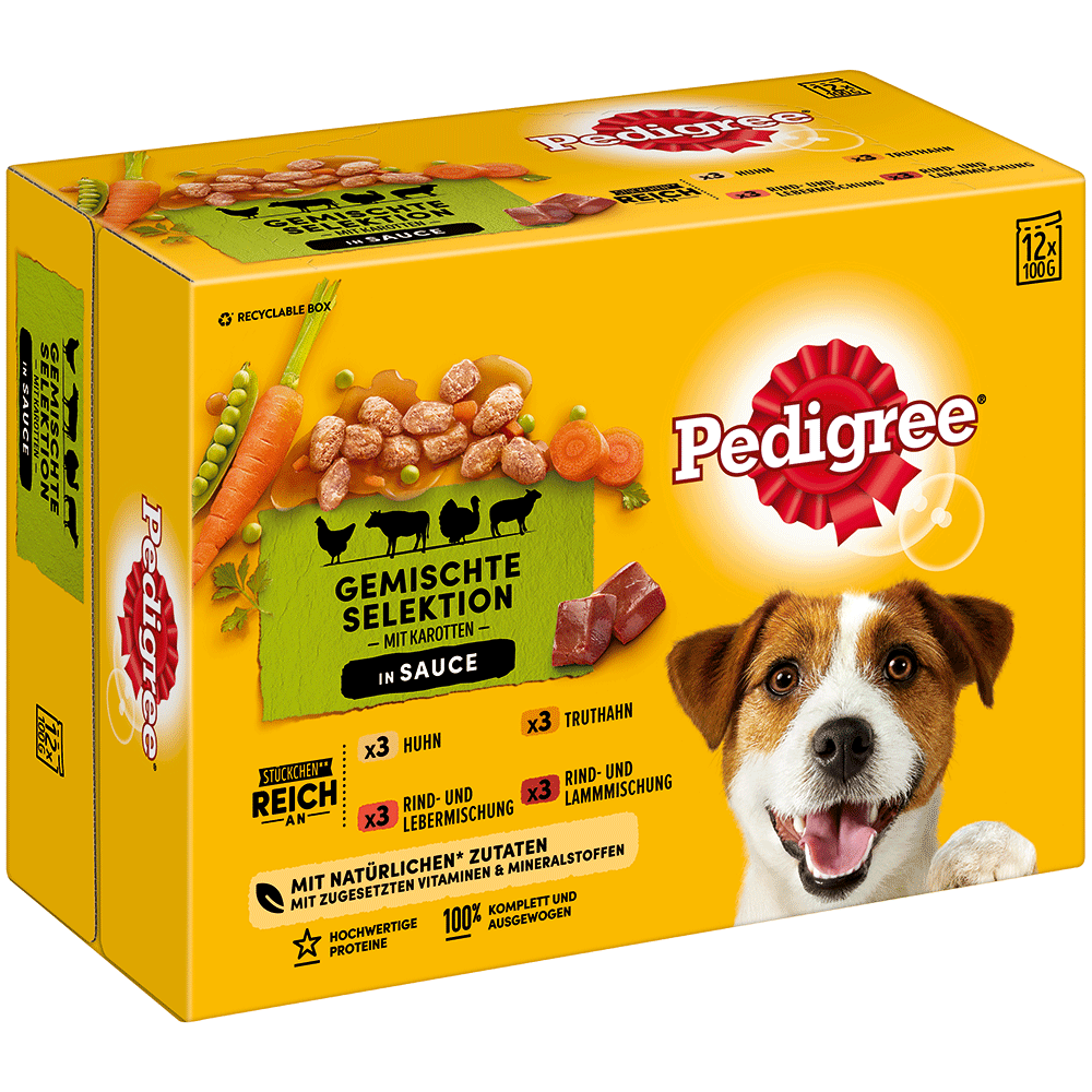 Bild: Pedigree Gemischte Selektion in Sauce mit Huhn, Truthahn, Rind- und Lebermischung und Rind- und Lammmischung 