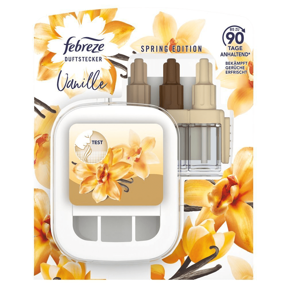 Febreze Duftstecker Vanille Spring Edition Packung, elektrischer Duftstecker mit 3 Flakons, bekämpft Gerüche und erfrischt bis zu 90 Tage. Motiv Vanilleschoten und Blüten. [IT] Febreze Duftstecker Vanille Spring Edition, confezione che indica una durata fino a 90 giorni.