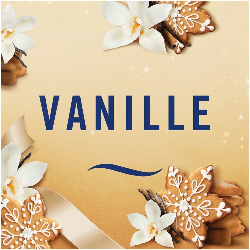 Febreze Vanille Duft, umgeben von Vanilleblüten und Lebkuchen, für eine gemütliche, weihnachtliche Atmosphäre.