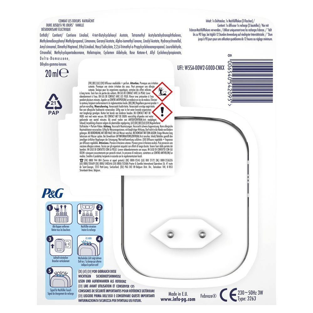Febreze Duftstecker mit Nachfüllflakon (3 Flaschen), 20ml, Anwendungshinweise, Warnhinweise, Inhaltsstoffe, Kontaktdaten.