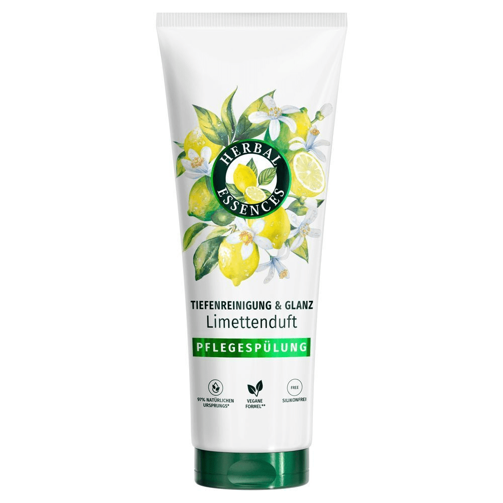 Herbal Essences Pflegespülung für Tiefenreinigung & Glanz, mit dem Claim 97% natürlichen Ursprungs auf der Verpackung hervorgehoben.