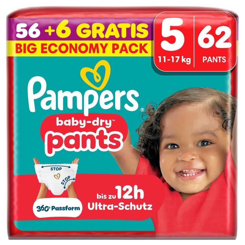 Pampers Baby-Dry Pants Gr. 5, 62 Windeln (56+6 gratis), bis zu 12h Ultra-Schutz.