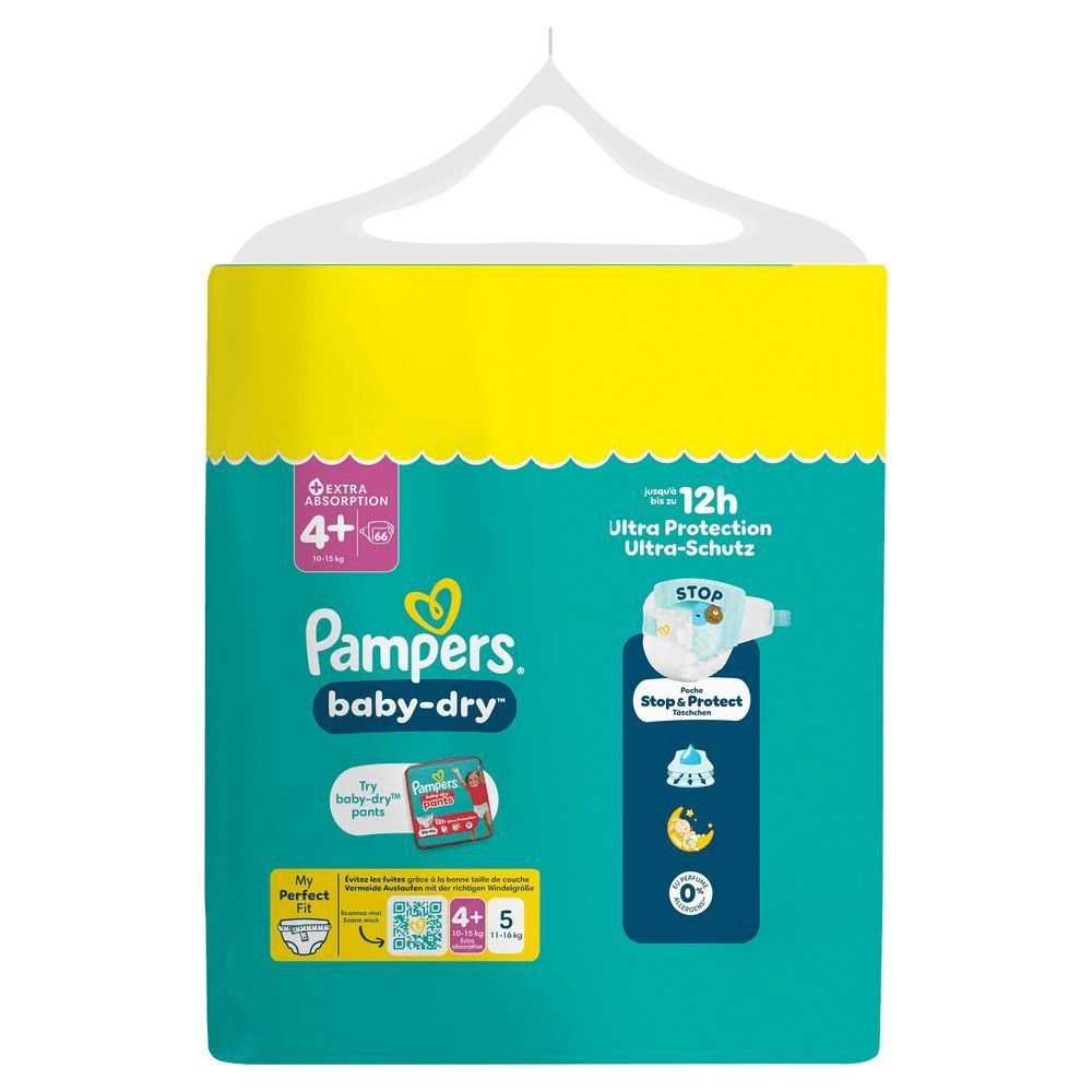 Pampers Baby-Dry Windeln im Big Economy Pack, hervorgehoben wird der 12h Ultra-Schutz.