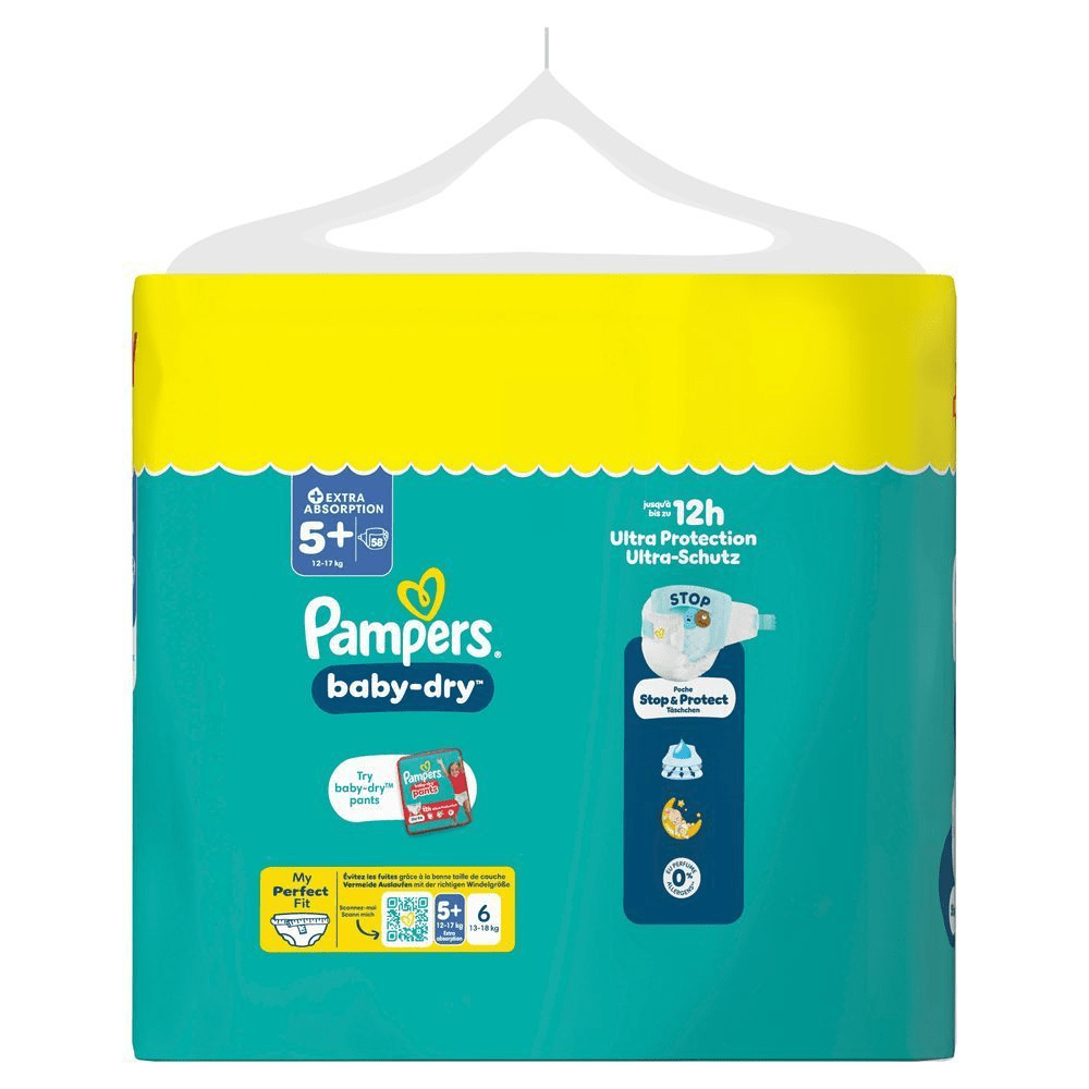 Pampers Baby-Dry Windeln im Big Economy Pack, hervorgehoben wird der 12h Ultra-Schutz.