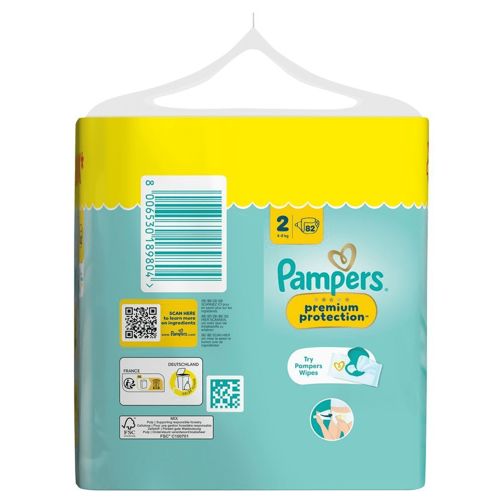 Pampers Premium Protection Windeln Big Economy Pack, Größe 2, 82 Stück, mit dem Aufdruck "5X Protection & Confort Schutz & Komfort".;