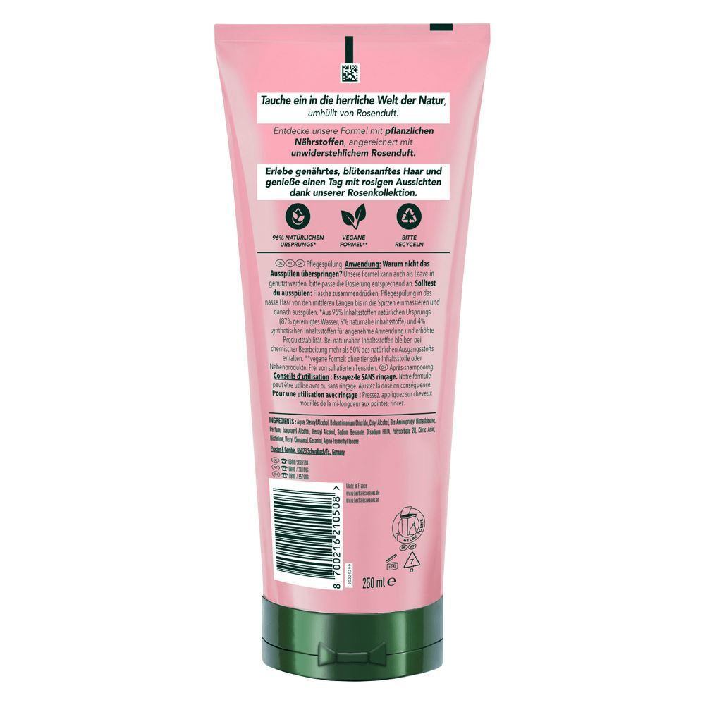 Herbal Essences 250ml Pflegespülung, die mit 96% natürlichen Ursprungs und unwiderstehlichem Rosenduft für genährtes, blütensanftes Haar wirbt.