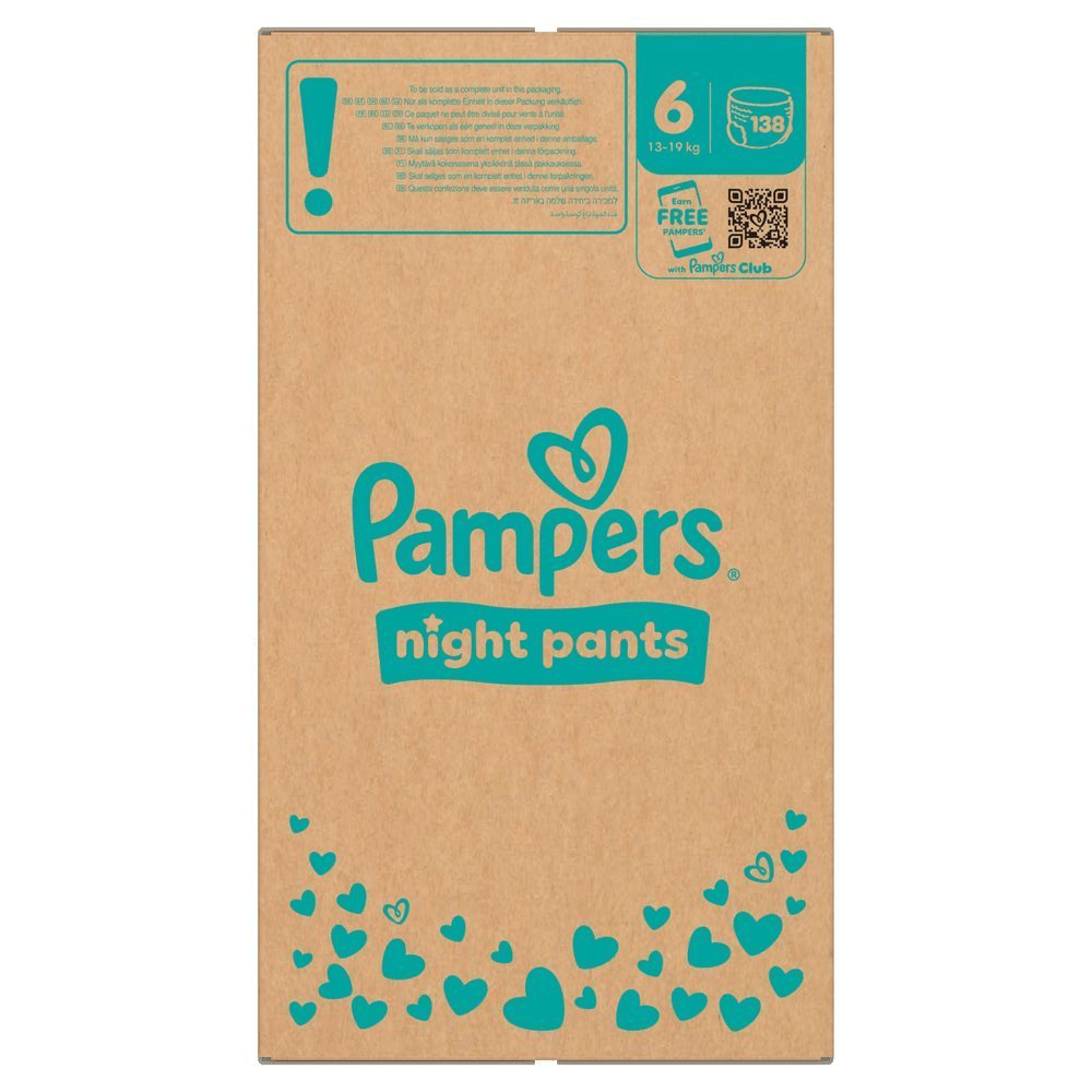 Pampers Night Pants Größe 6 (13-19 kg) Verpackung mit Hinweis auf 138 Windeln und der Möglichkeit, kostenlose Pampers über den Pampers Club zu erhalten. [IT] Pampers Night Pants taglia 6 (13-19 kg), confezione da 138 pannolini, con promozione "Guadagna Punti Gratis" con Pampers Club.;