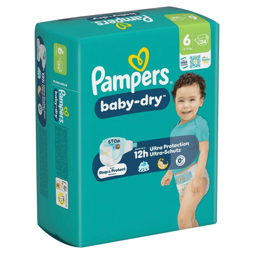 Pampers Baby-Dry Windeln, Größe 6, mit dem Aufdruck bis zu 12 Stunden Ultra-Schutz.