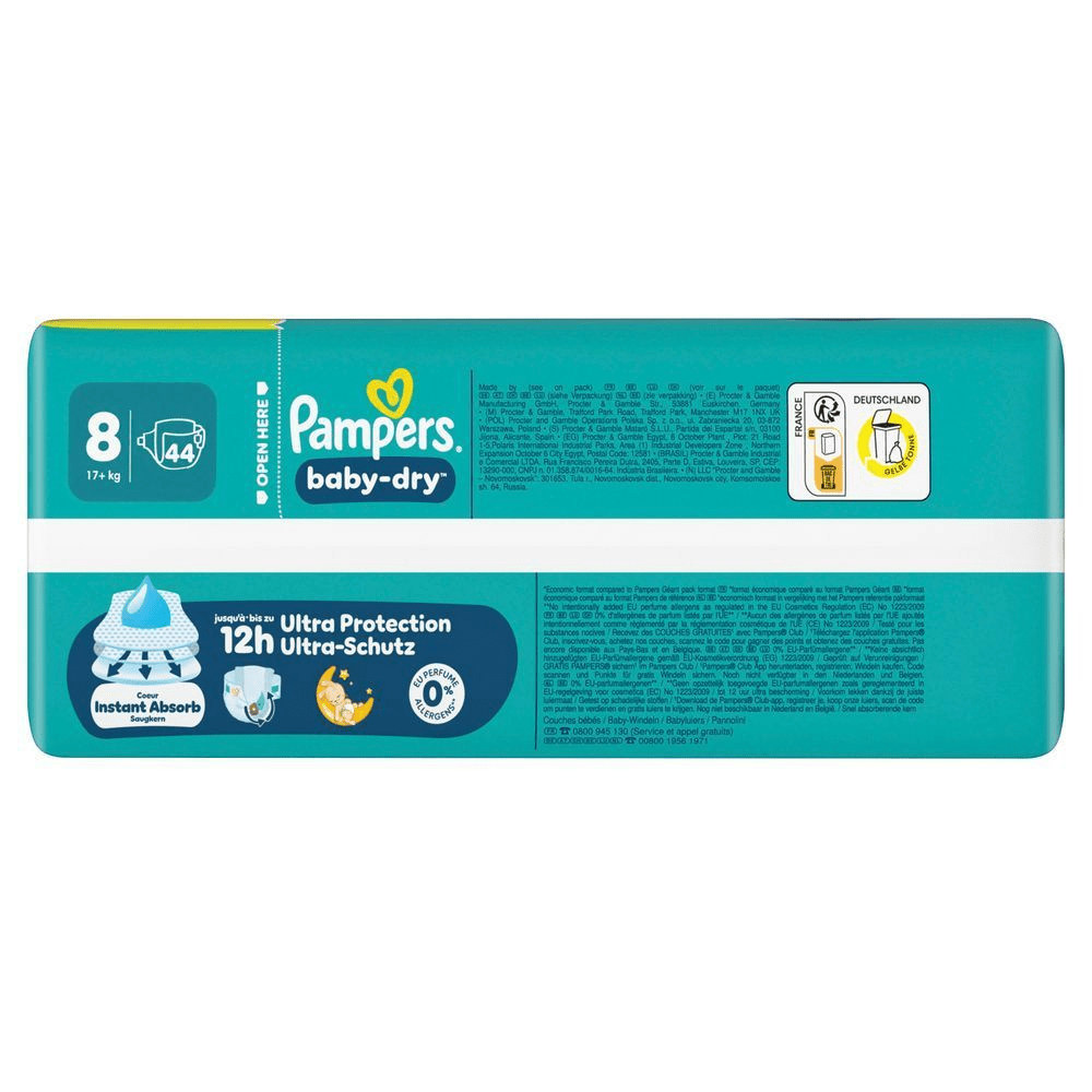 Das Bild zeigt 2 Produktabbildungen: Pampers Baby-Dry und Baby-Dry Pants mit der Information, dass jetzt mehr Windeln in einem Big Pack sind. Bis zu 18% mehr Windeln im Vergleich zur vorherigen Packung, abhängig von der Windelgröße. Abbildungen beispielhaft.