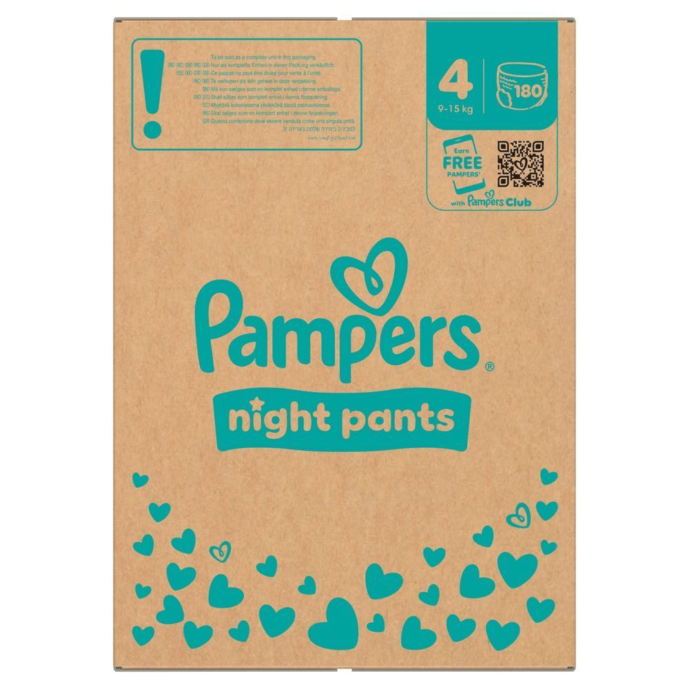 Pampers Night Pants Kartonverpackung, Grösse 4 (9-15 kg), mit dem Hinweis, kostenlose Pampers mit dem Pampers Club zu erhalten. [IT] Pampers Night Pants, taglia 4 (9-15 kg), confezione da 180 pannolini, venduta come unità completa.;