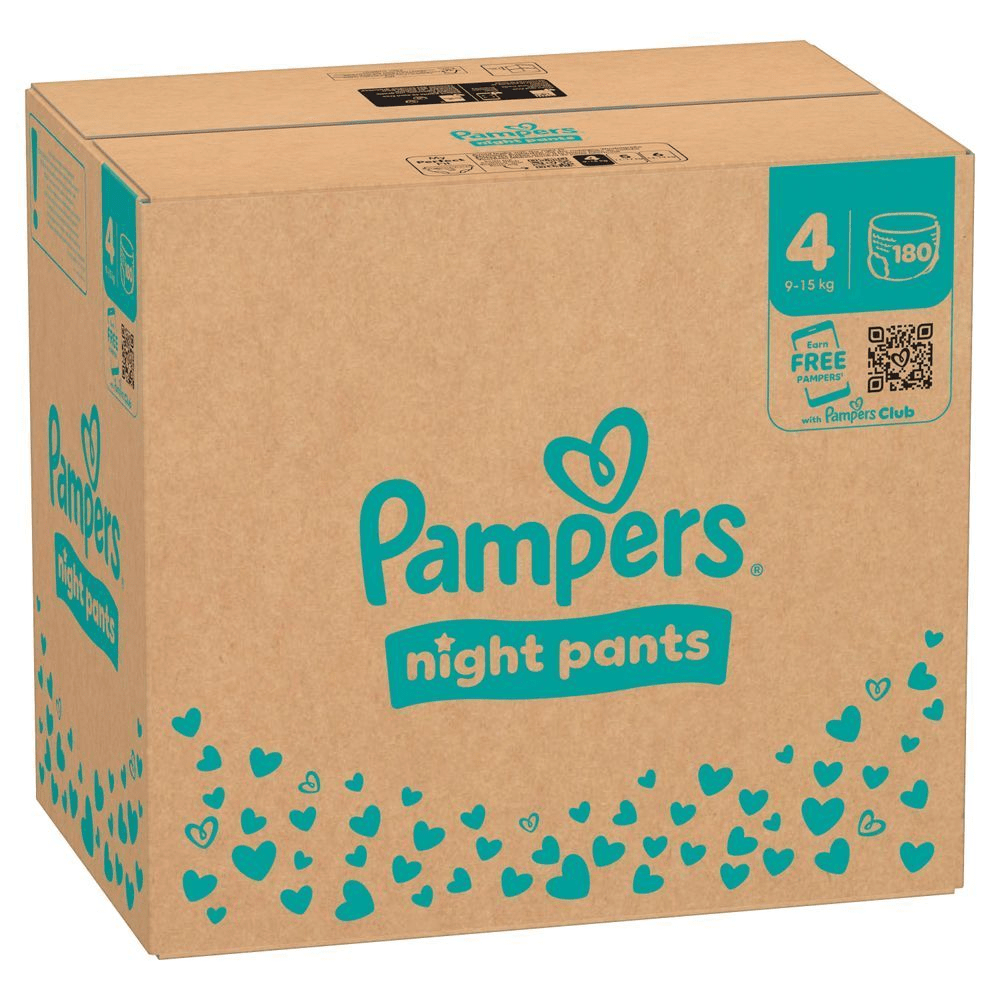 Pampers Night Pants Karton, Größe 4, 9-15 kg, mit dem Hinweis "Gratis Pampers mit dem Pampers Club verdienen". [IT] Pampers night pants, taglia 4, confezione da 180 pannolini, con l'offerta "Guadagna PAMPERS GRATUITI" con Pampers Club.;