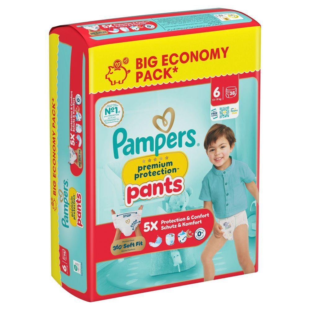 Das Bild zeigt 2 Produktabbildungen: Pampers Premium Protection und Premium Protection Pants mit der Information, dass jetzt mehr Windeln in einem Big Pack sind. Bis zu 19% mehr Windeln im Vergleich zur vorherigen Packung, abhÃ¤ngig von der WindelgrÃ¶Ãe. Abbildungen beispielhaft.