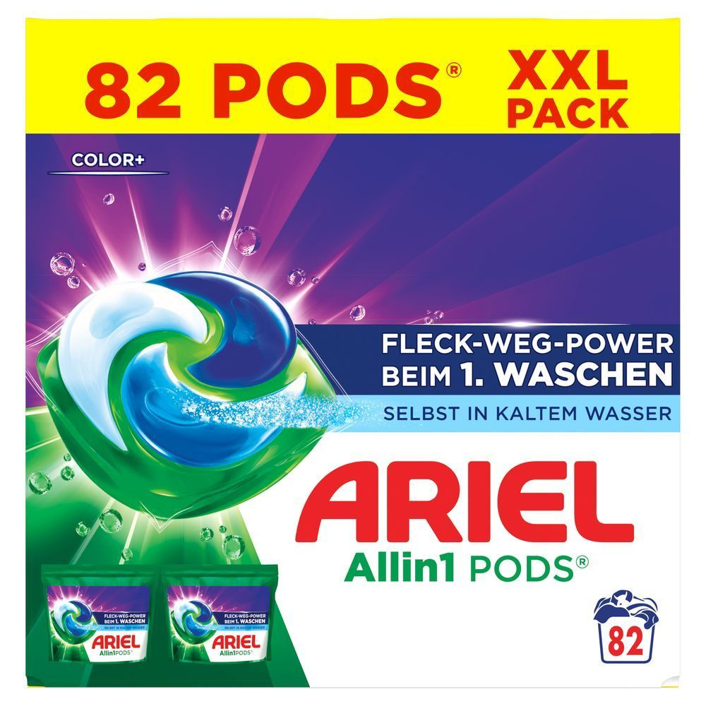 Ariel Color+ Flüssigwaschmittelkapseln, 82 Wäschen, Fleck-Weg-Power beim 1.Waschen, Sofortwirkung selbst in kaltem Wasser. [IT] Ariel Allin1 PODS Color+, confezione XXL da 82, con potere smacchiante già al primo lavaggio, anche in acqua fredda.