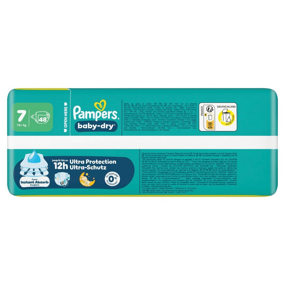 Das Bild zeigt 2 Produktabbildungen: Pampers Baby-Dry und Baby-Dry Pants mit der Information, dass jetzt mehr Windeln in einem Big Pack sind. Bis zu 18% mehr Windeln im Vergleich zur vorherigen Packung, abhängig von der Windelgröße. Abbildungen beispielhaft.
