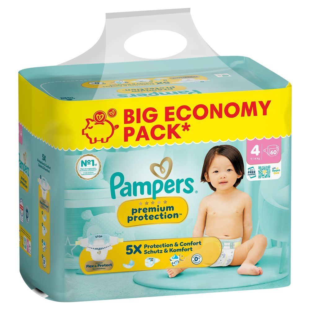 Das Bild zeigt 2 Produktabbildungen: Pampers Premium Protection und Premium Protection Pants mit der Information, dass jetzt mehr Windeln in einem Big Pack sind. Bis zu 19% mehr Windeln im Vergleich zur vorherigen Packung, abhängig von der WindelgröÃe. Abbildungen beispielhaft.